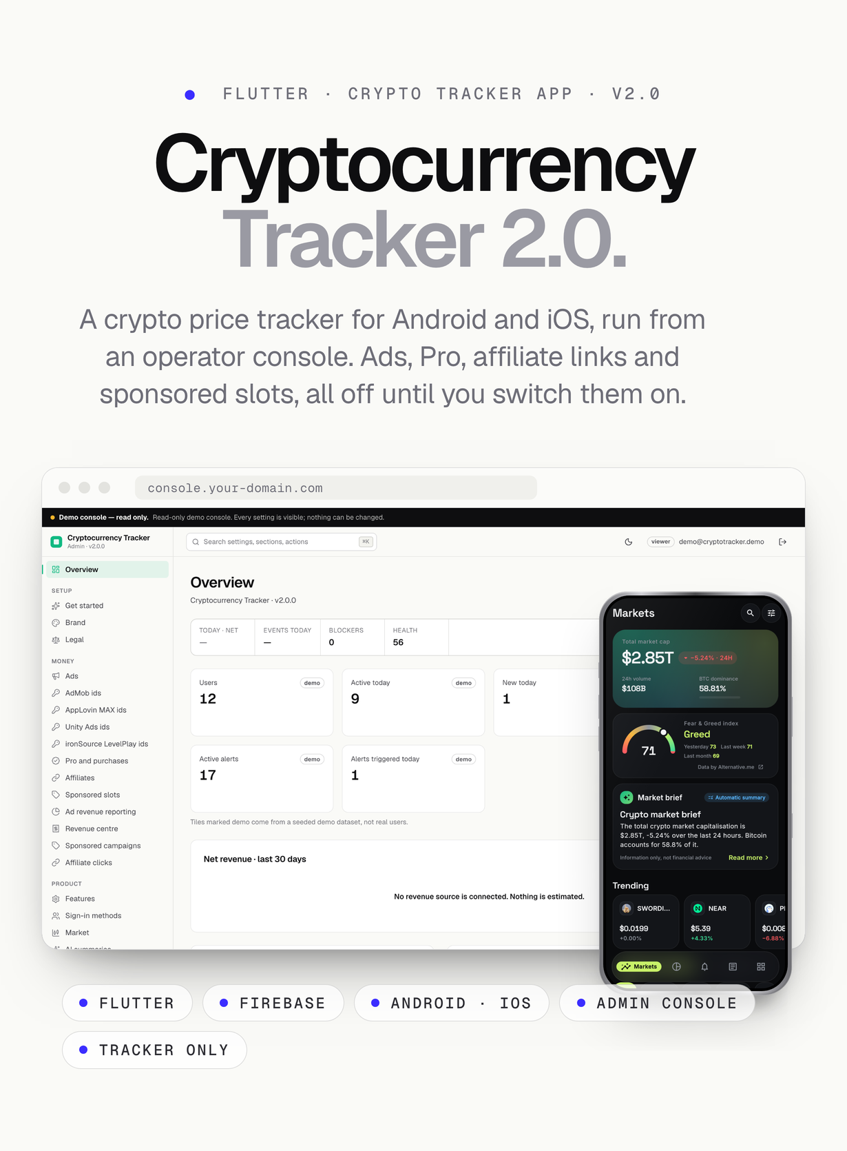 Cryptocurrency Tracker 2.0: the operator console overview in a browser and the markets list on an iPhone