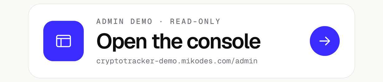 Open the read-only demo of the Cryptocurrency Tracker operator console with labelled sample data