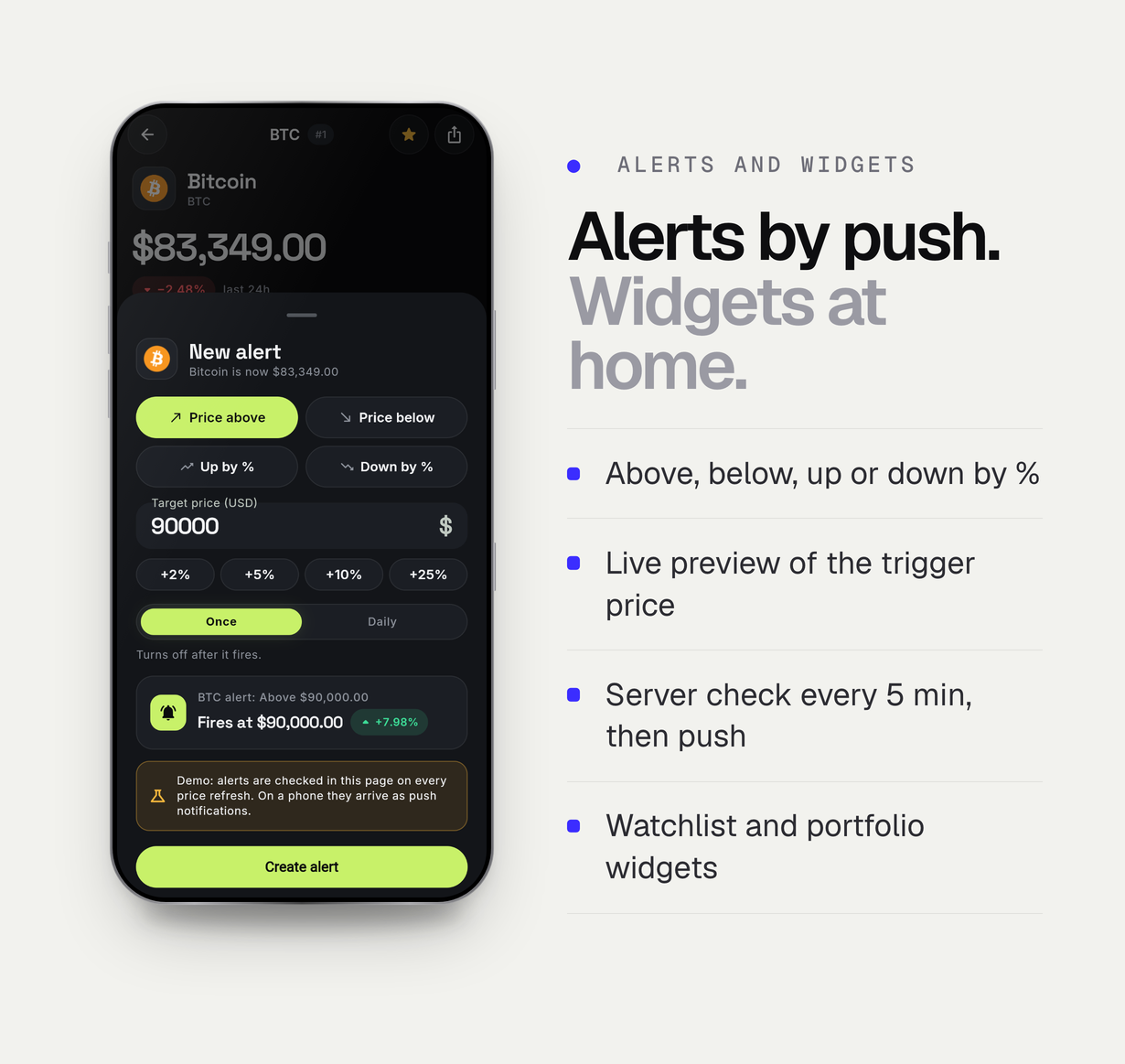 The new alert sheet for Bitcoin: an above-90,000-USD target, quick percentage steps, once or daily, and the live preview of when it fires