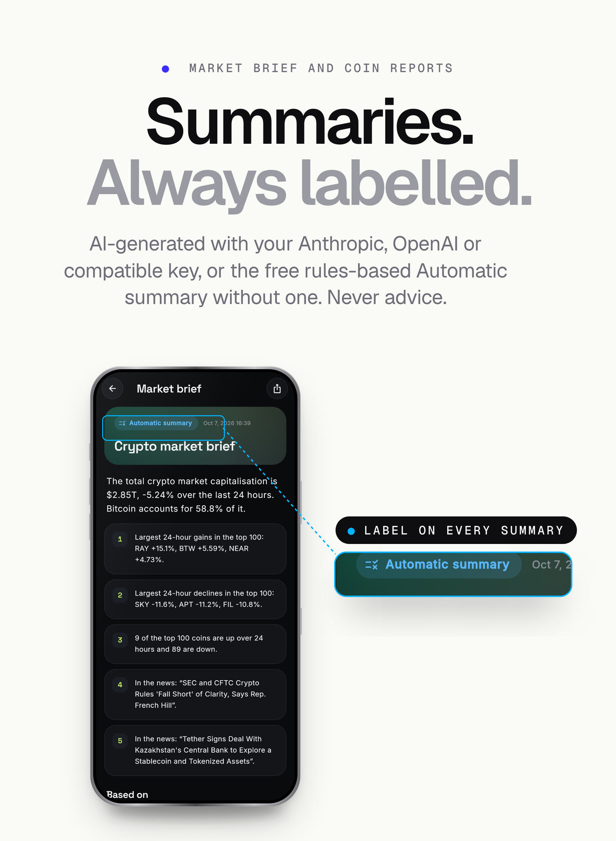 The market brief labelled Automatic summary, with bullets on market cap, top gainers and losers and the news