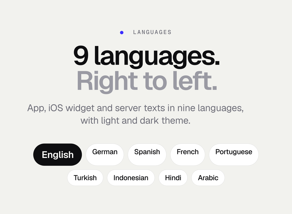 Nine languages: English, German, Spanish, French, Portuguese, Turkish, Indonesian, Hindi and Arabic with right-to-left layout