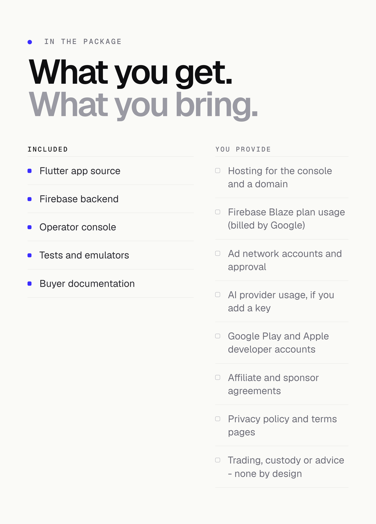 What the download includes and what you bring: app, backend, console, tests and docs against hosting, Firebase usage, ad network and developer accounts
