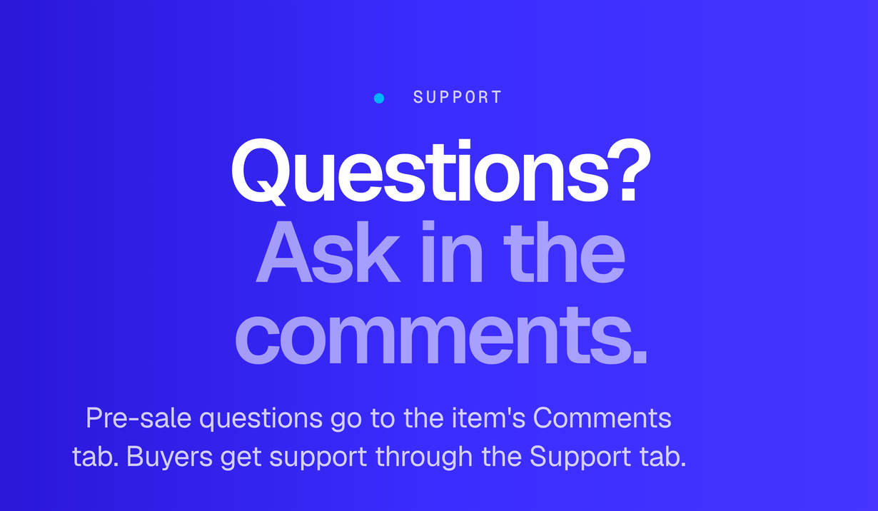 Pre-sale questions go to the Comments tab of this item; buyers are supported through the Support tab