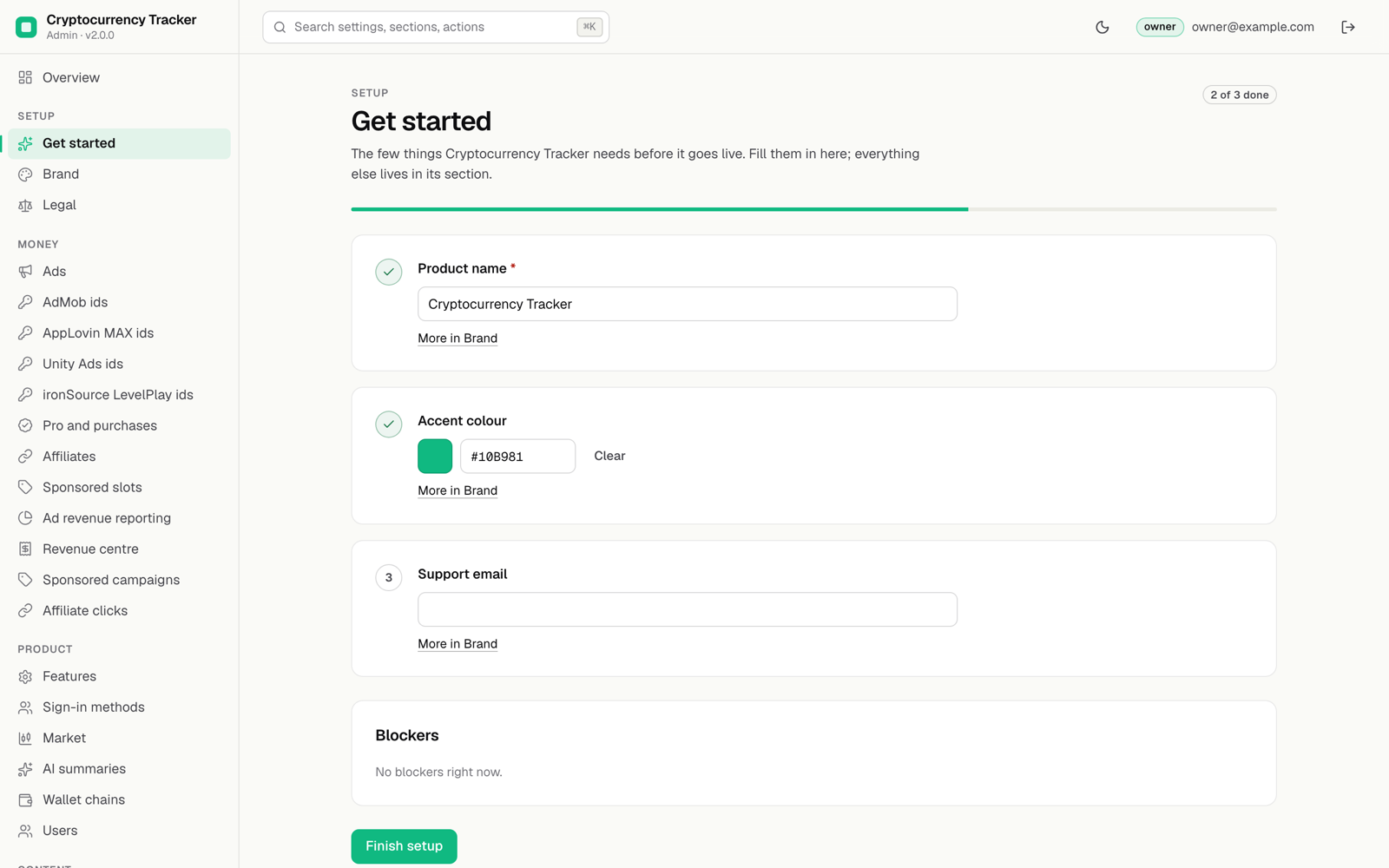 Get started checklist with product name, accent colour, support e-mail, blockers and Finish setup