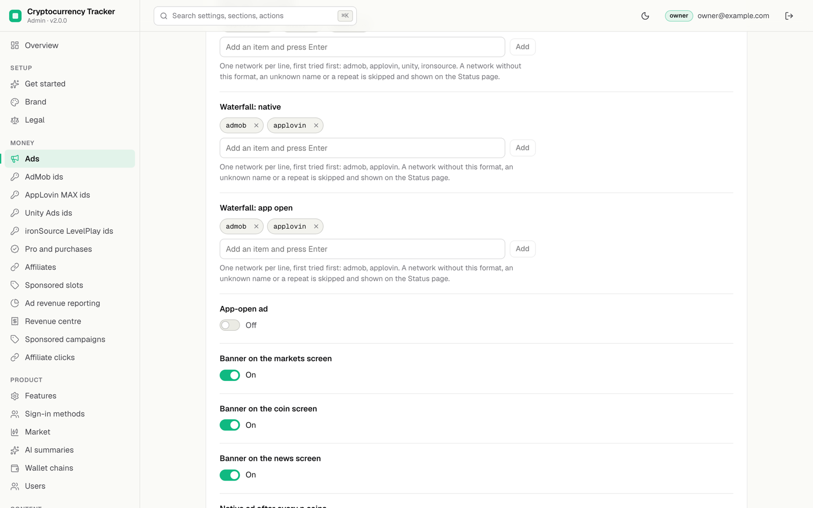Console Ads settings: native and app-open waterfalls admob then applovin, followed by the placement switches