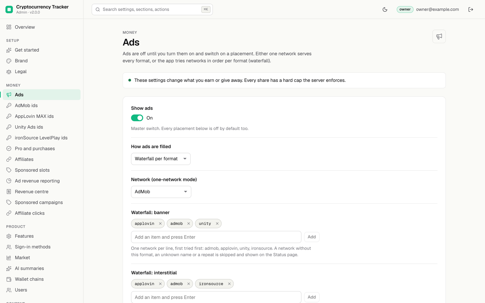 Console Ads settings in waterfall mode: banner waterfall applovin, admob, unity and interstitial waterfall applovin, admob, ironsource