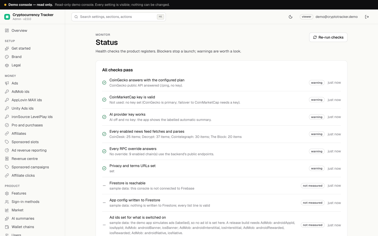 Console Status page with checks for CoinGecko, CoinMarketCap, AI, news feeds, RPC, legal URLs, Firestore and the app config